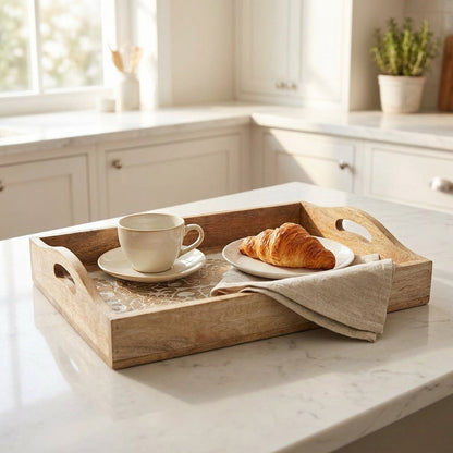 Hand Carved Wooden Breakfast Serving Tray w/ Handle | Kitchen Serve-Ware Accessories | 15x10 | 2050