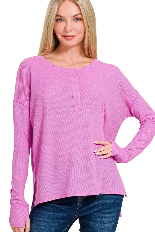Zenana Waffle Thumb Hole Cuffs Henley Tee