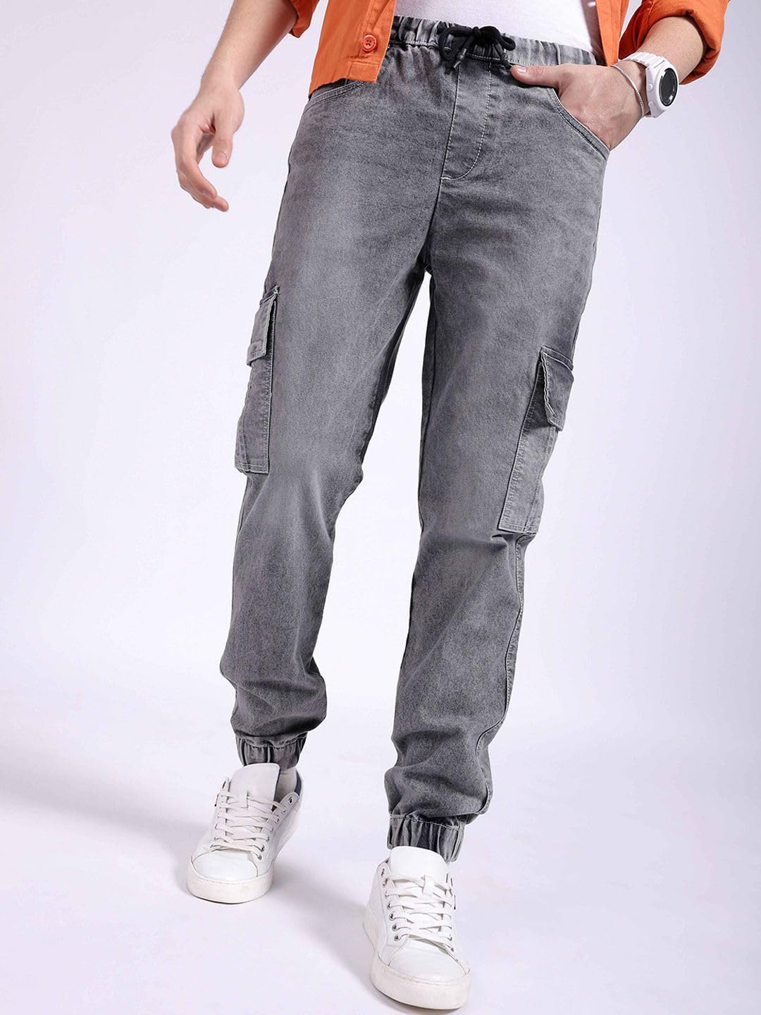 The Indian Garage Co Men Regular Fit Solid Mid-Rise Stretchable Denim Cargo Joggers