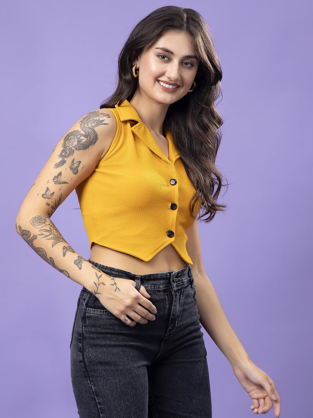 POPWINGS Mustard Solid Button Clousre V Neck Sleeveless Waistcoat Crop Top