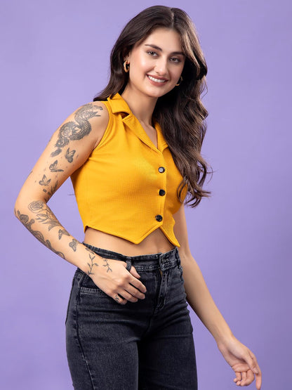 POPWINGS Mustard Solid Button Clousre V Neck Sleeveless Waistcoat Crop Top