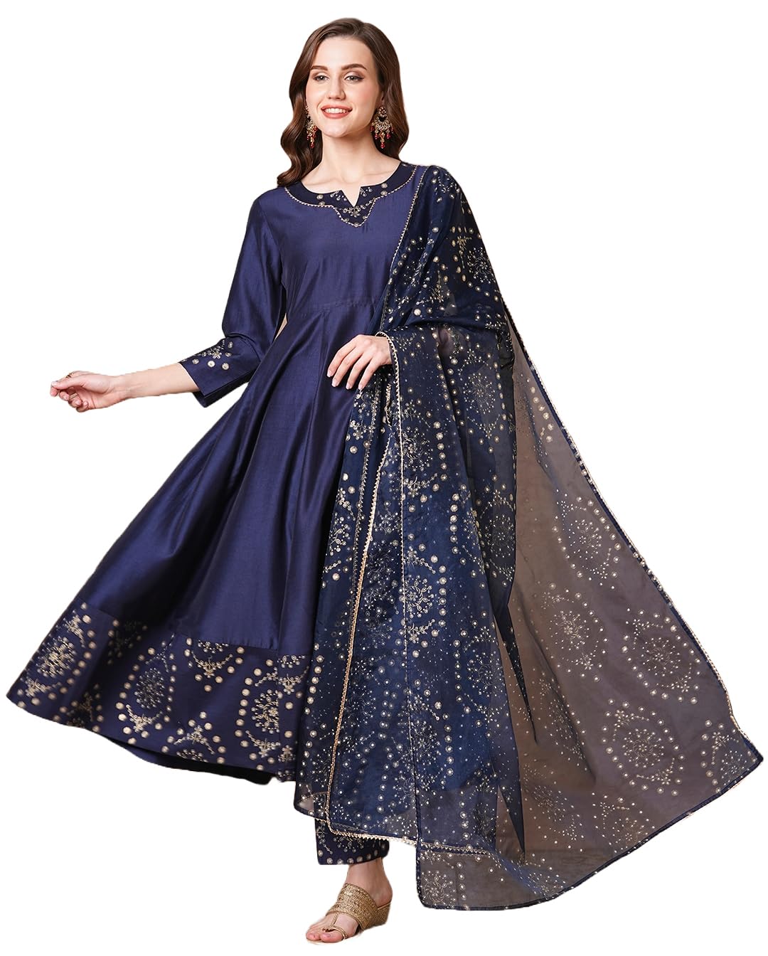 Gosriki WomenS Rayon Blend Printed Anarkali Kurta With Pant & Dupatta (Varuna Navy-Vks01-Gs_M_Navy Blue_Medium)