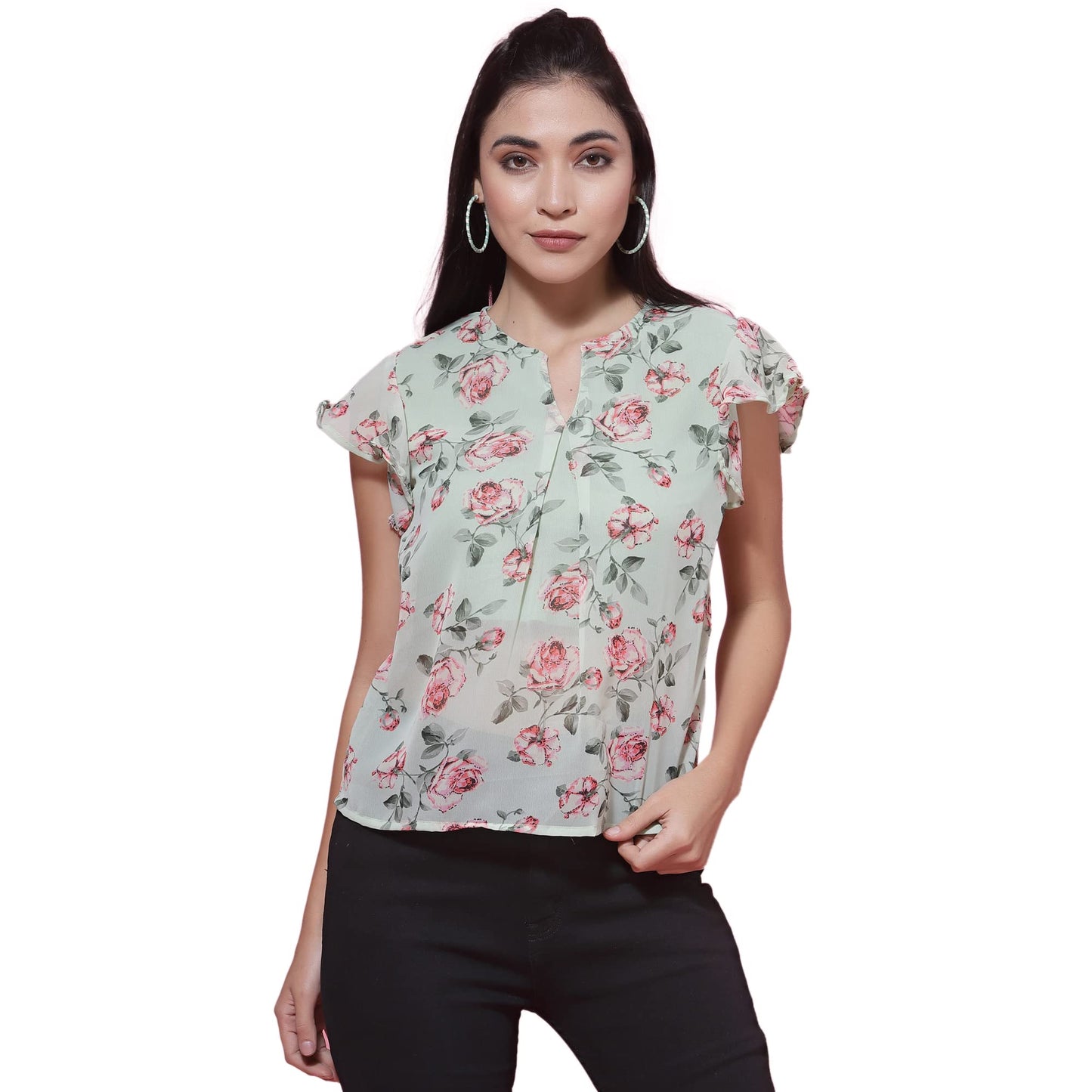 OOMPH! Womens Georgette Printed top with Keyhole Neck and Flutter Sleeve