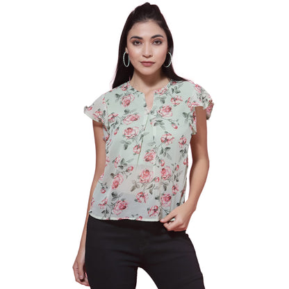 OOMPH! Womens Georgette Printed top with Keyhole Neck and Flutter Sleeve