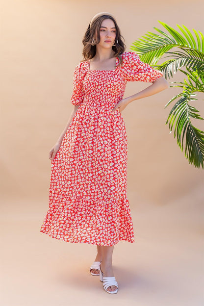 Sheetal Associates WomenS Casual Flower Print Puff Sleeves Maxi Dress - Pack Of 1 Red