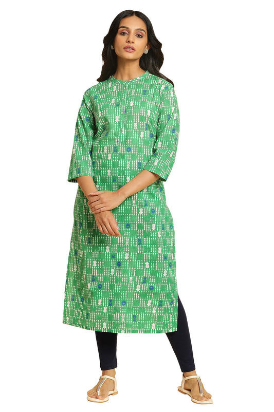 W for Woman Green Geometric Mandarin Collar Straight Kurta