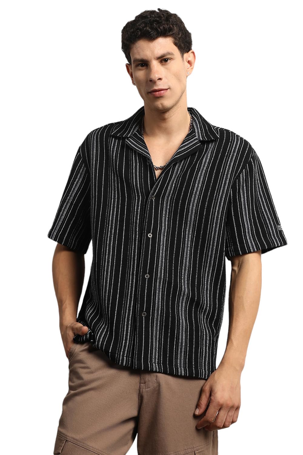 Hubberholme Men Summer Cotton Spread Collar Short Sleeves Oversized Casual Shirt 40 Black