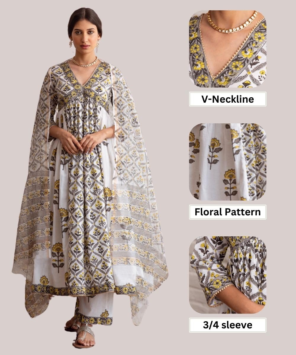 GRECIILOOKS WomenS Rayon Anarkali Printed V- Neck Kurta With Palazzo & Dupatta | Ethnic Set | Dupatta Set | Suit Set | Kurta An