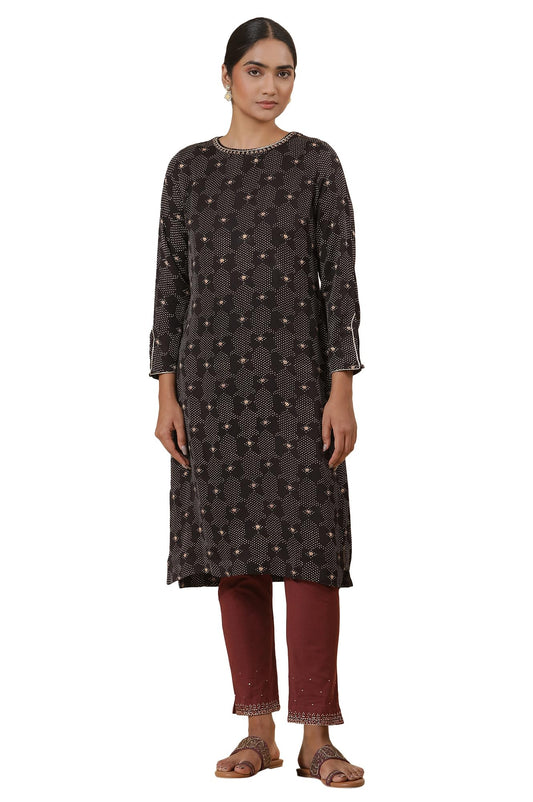 W for Woman Folksong Black Festive Geometric Print Viscose Straight Kurta