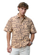 The Souled Store Oversized Shirt: Marine Men and Boys Short Sleeves Collared Neck Button Front Brown All Over Printed Cotton Ove