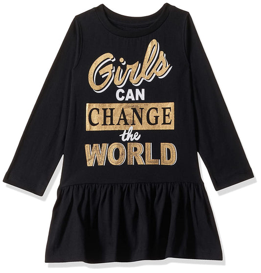 T2F Girls Cotton A-Line Knee-Length Casual Dress (GLS-DRZ-05_Black