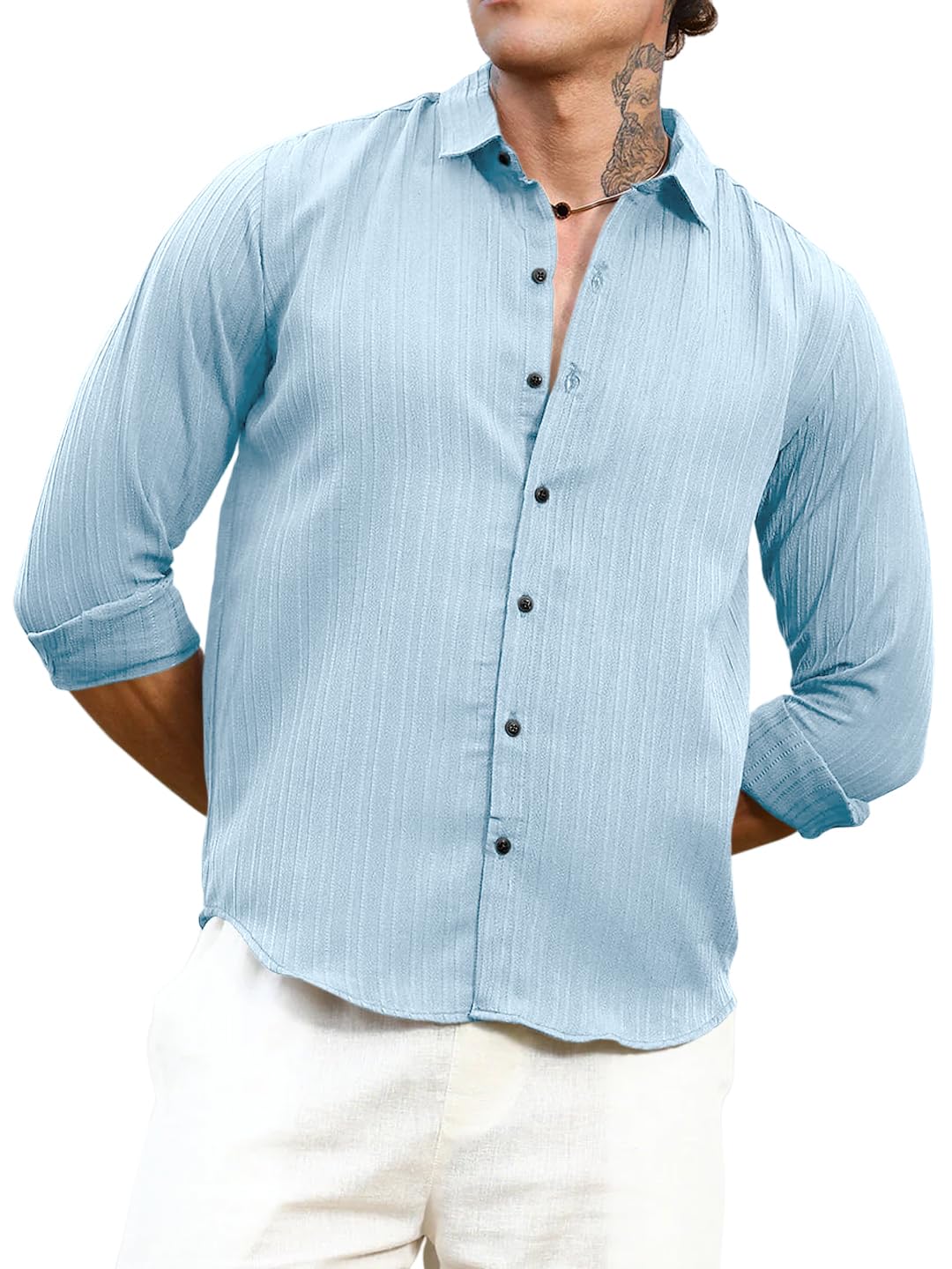 Finivo Fashion MenS Striped Cotton Casual Button Down Shirts Long Sleeve Textured Summer Beach Shirt For Men Sky Blue