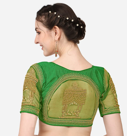 Pujia Mills WomenS Multicolor Temple Embroidery Net Back Sequence Khatli Work Sleeves Design Phantom Silk Readymade Saree Blous