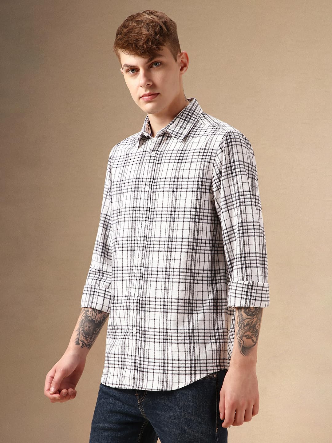 Dennis Lingo Men White 100% Cotton Full Sleeve Spread Collar Checks Shirts