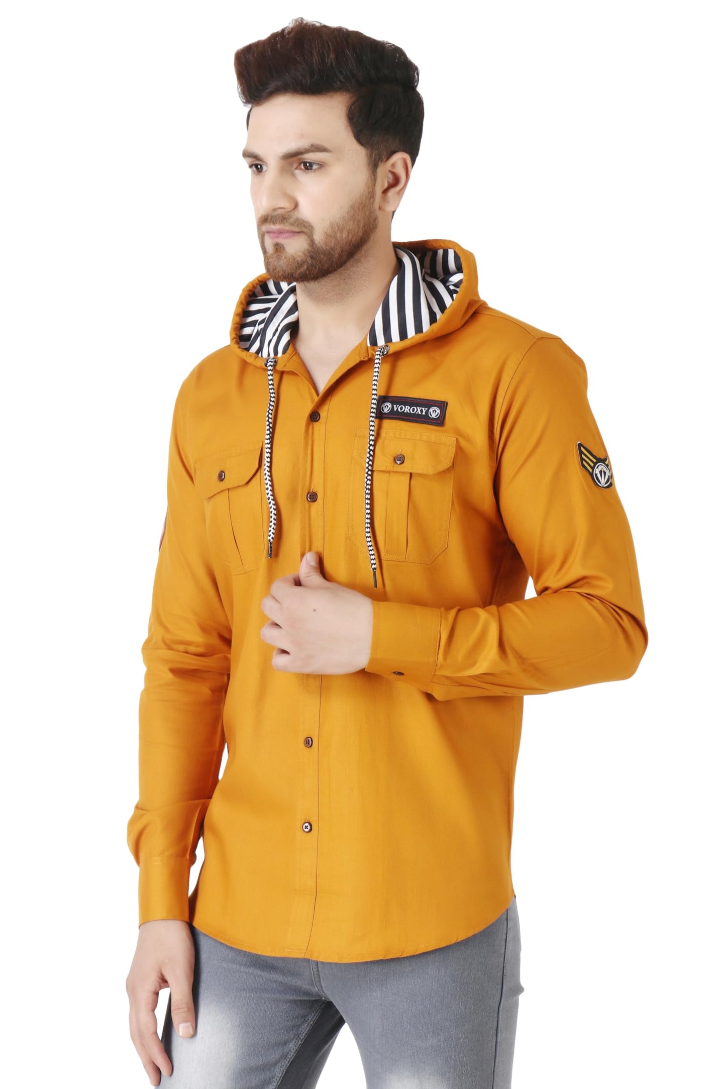 Besix MenS Orange Tailored Fit Cotton Blend Shirt For Man With Hoodie - Casual Long Sleeve Shirt With Pockets - Patch Detail Fo