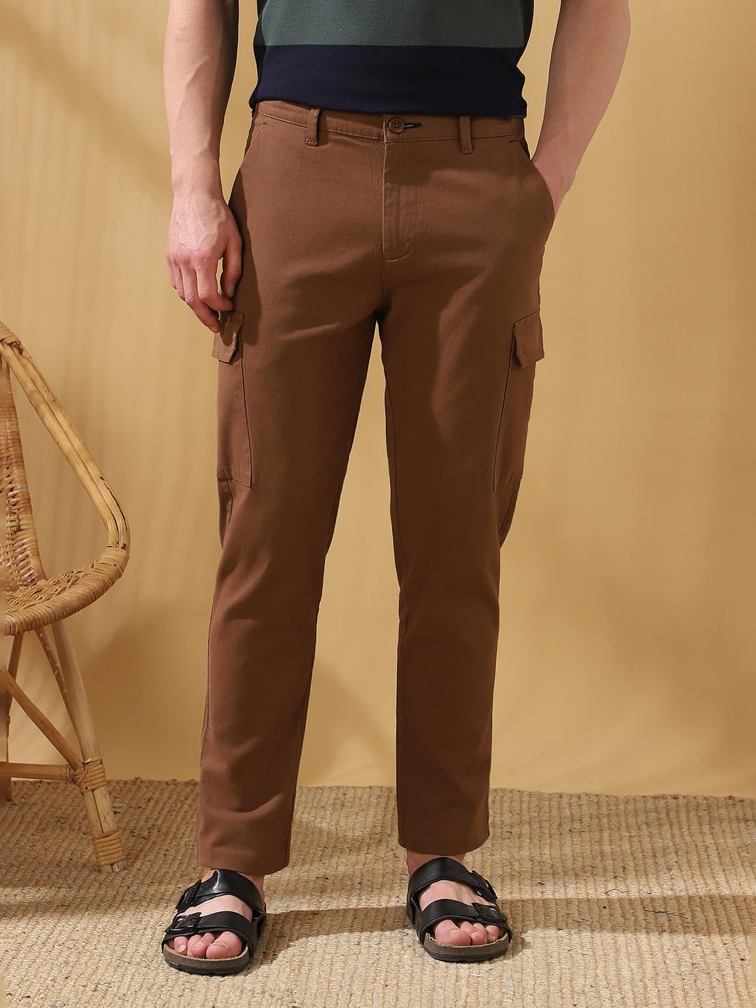Dennis Lingo Men Brown Solid Straight Fit Cargo Trouser