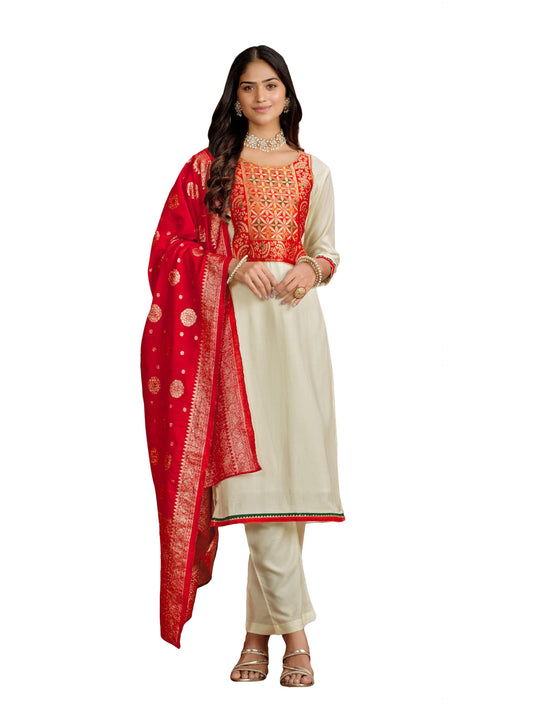 ishin Women's Ethnic Cream Art Silk Kurta Sets with Dupatta