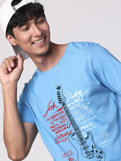 ADRO Guitar Design Printed T-Shirt for Men - 100% Cotton, Regular Fit, Soft Breathable Fabric. (RN23-M-GTR-SK_SkyBlue)