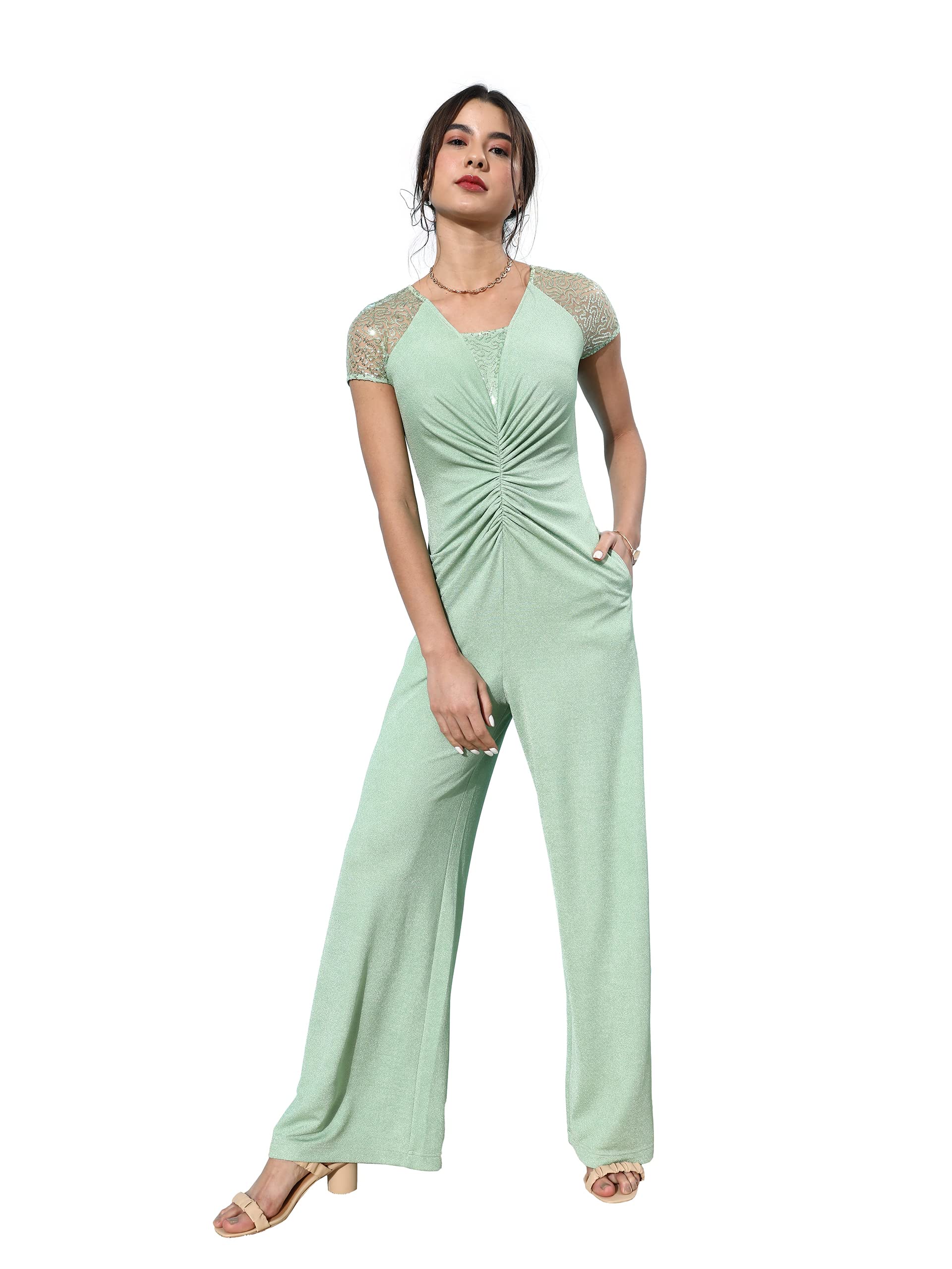 Miss Chase WomenS Mint Square Sheer Sleeves Embellished Ruching Regular Jumpsuit (Mcss22D15-21-79-06, Mint, Xl)