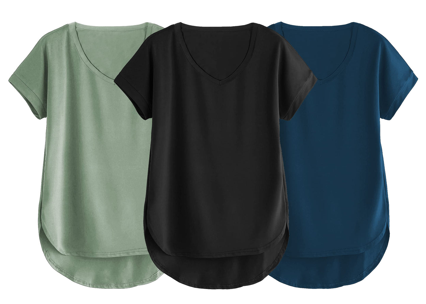 Fabricorn Combo Of Three Plain Black, Sage Green And Airforce Blue V-Neck Up And Down Cotton Tshirt For Women (Black, Sage Green
