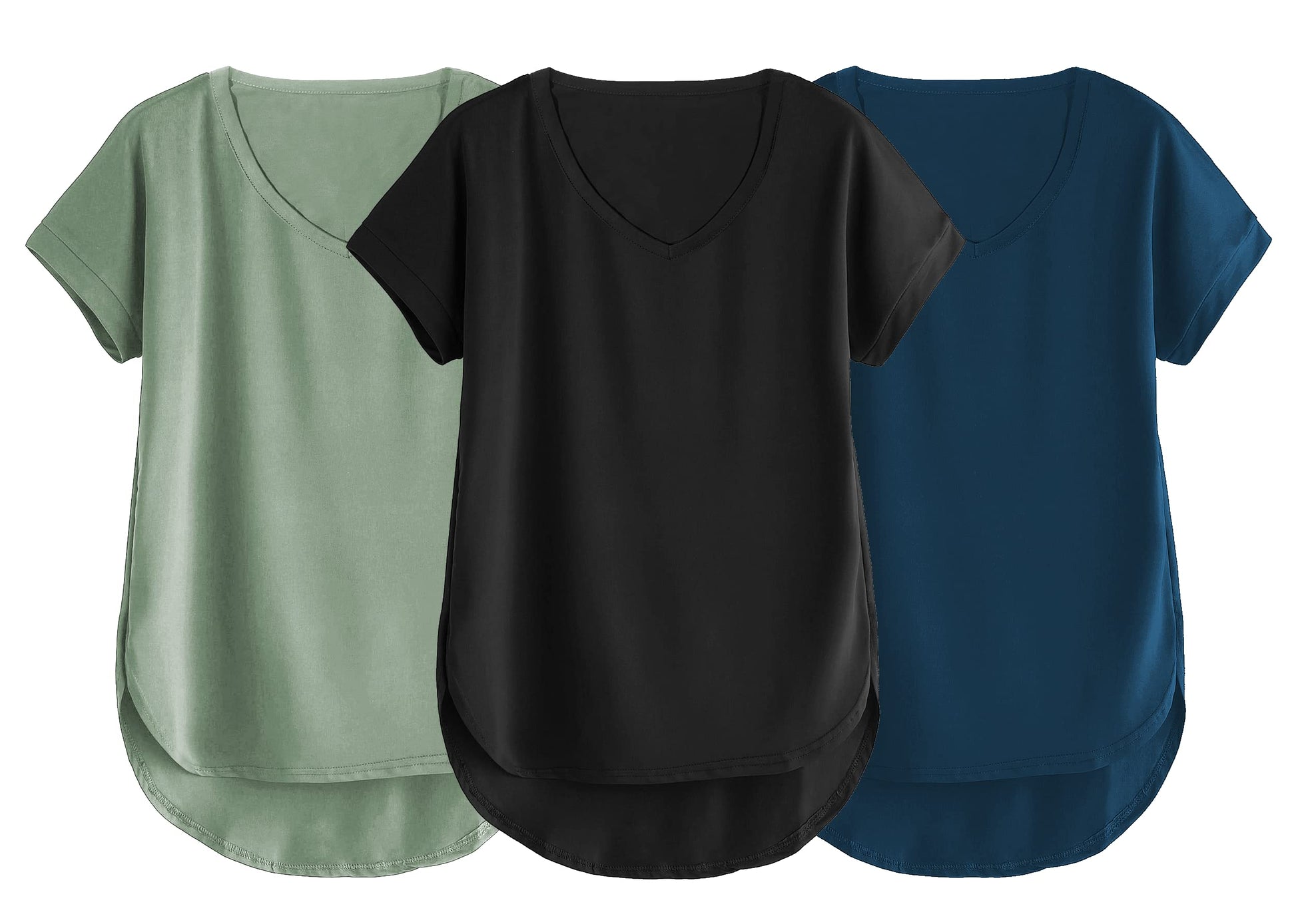 Fabricorn Combo Of Three Plain Black, Sage Green And Airforce Blue V-Neck Up And Down Cotton Tshirt For Women (Black, Sage Green