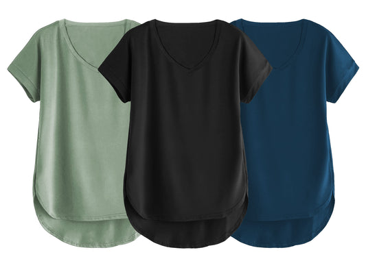 Fabricorn Combo Of Three Plain Black, Sage Green And Airforce Blue V-Neck Up And Down Cotton Tshirt For Women (Black, Sage Green