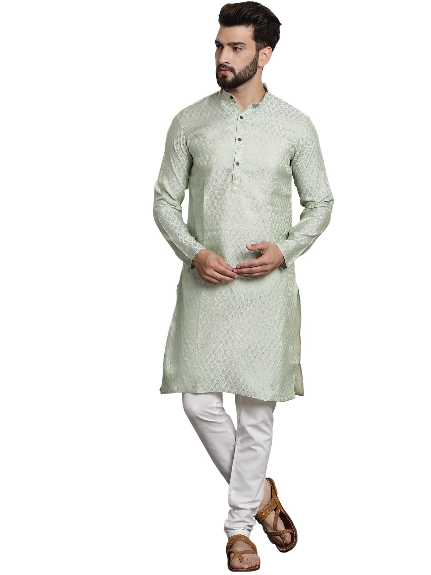 Sojanya (Since 1958 MenS Silk Blend Pista Green Self Design Kurta And White Churidar Pyjama Set