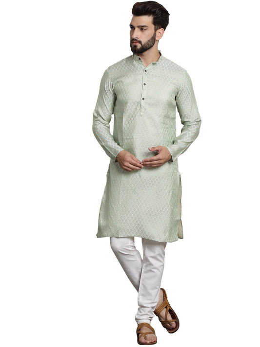 Sojanya (Since 1958 MenS Silk Blend Pista Green Self Design Kurta And White Churidar Pyjama Set