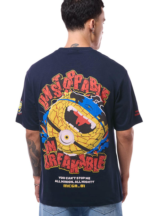 Bewakoof Official Minions Merchandise Mens Graphic Printed Oversized Fit Half Sleeve Round Neck Cotton Jersey T-Shirt_642126_Bl