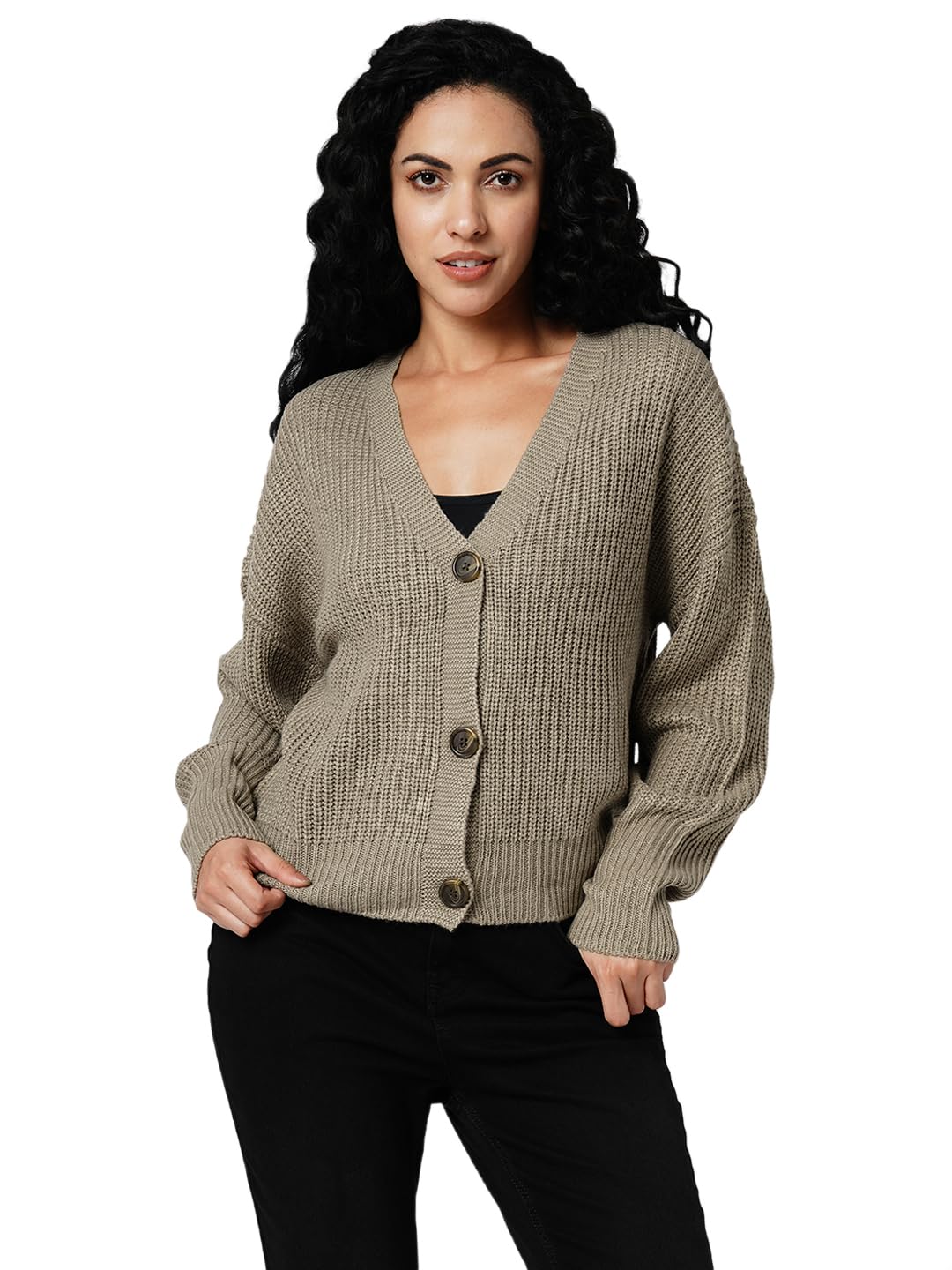 Vero Moda Women Self Design Green Acrylic Relaxed Fit Cardigan Sweater