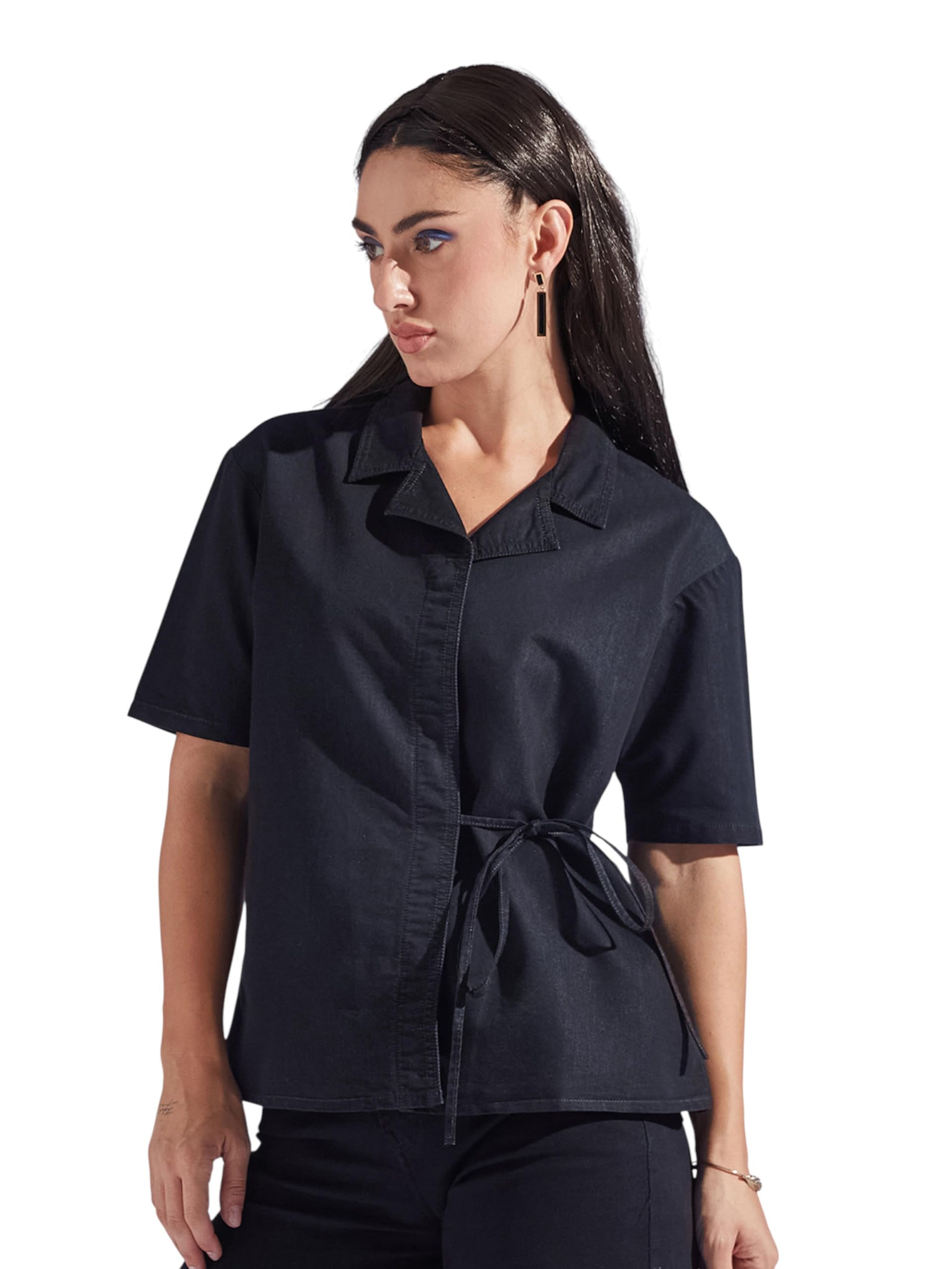 Miss Chase Womens Shirt Collar Short Sleeve Tie Up Solid Regular-Length Denim Shirt (Mcaw25Den62-80-380-06, Jet Black, Xl)
