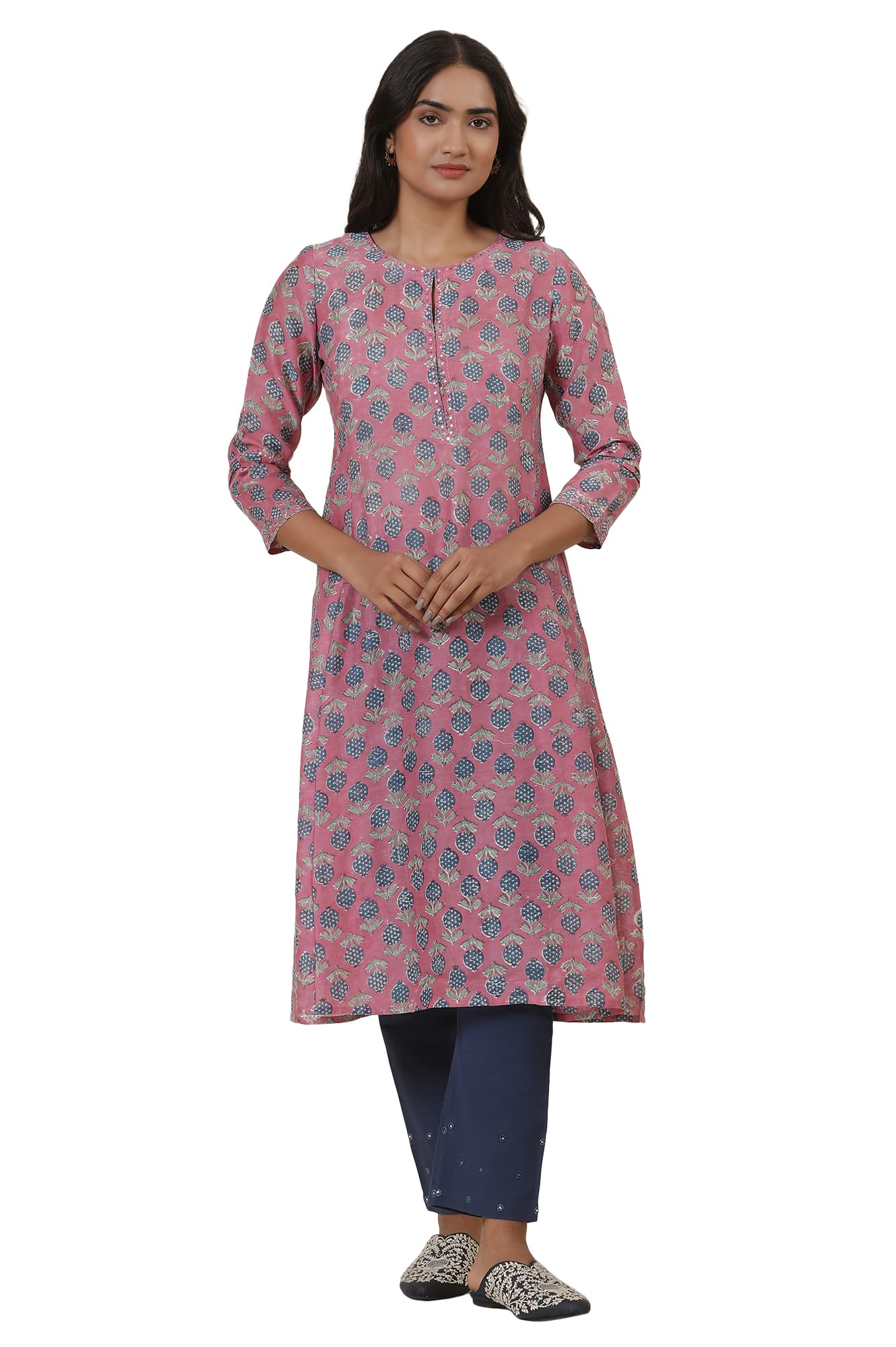 W for Woman Folksong Pink Festive Printed Cotton A-Line Kurta