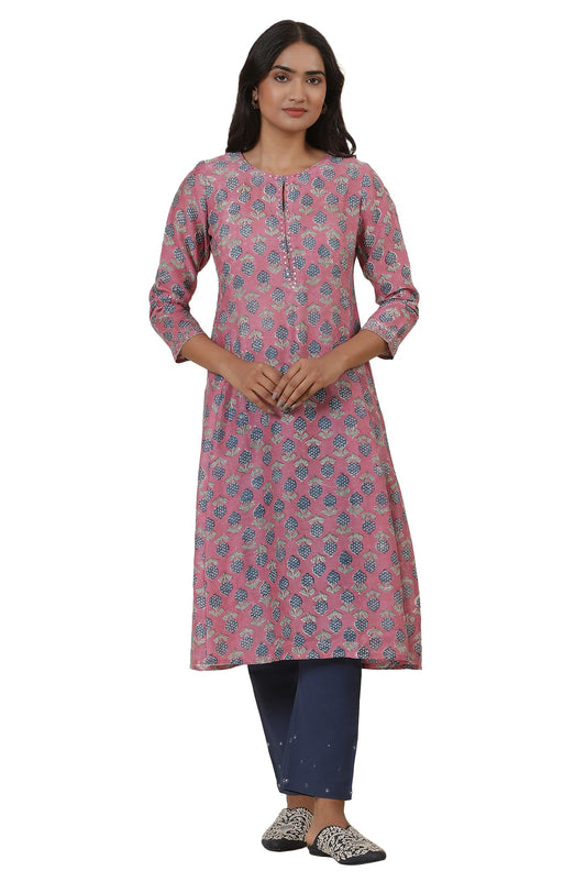 W for Woman Folksong Pink Festive Printed Cotton A-Line Kurta