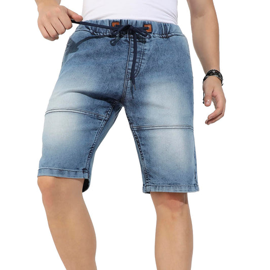 Campus Sutra Mens Blue Contrast Stitch Denim Shorts for Casual Wear | Medium-Wash | Regular Fit | Drawstring Closure | Denim De