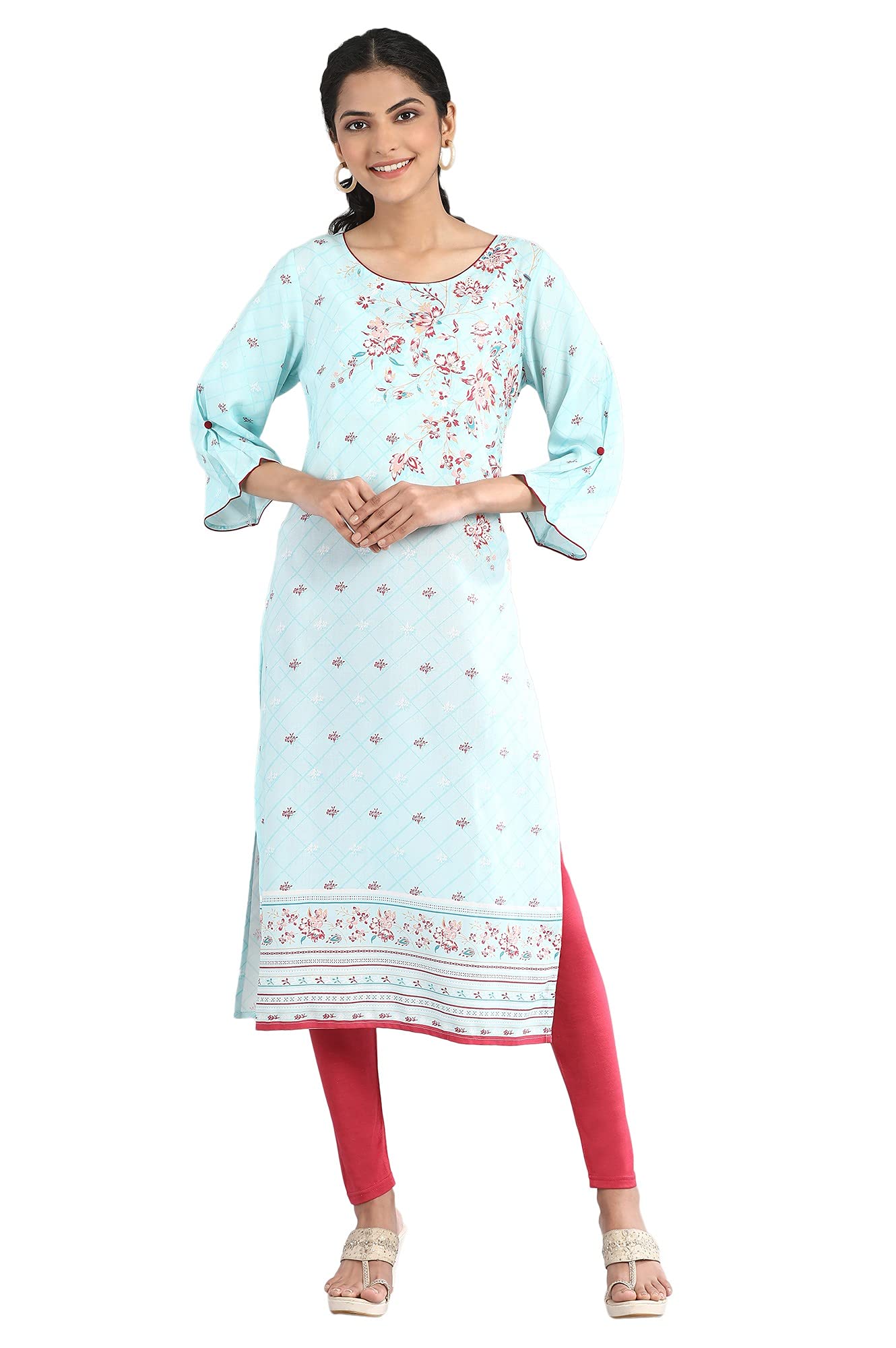 Aurelia Women's Viscose Blue Geometric Round Neck Straight Kurta Set