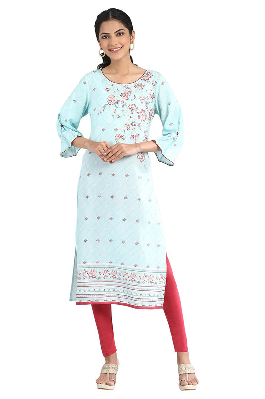 Aurelia Women's Viscose Blue Geometric Round Neck Straight Kurta Set