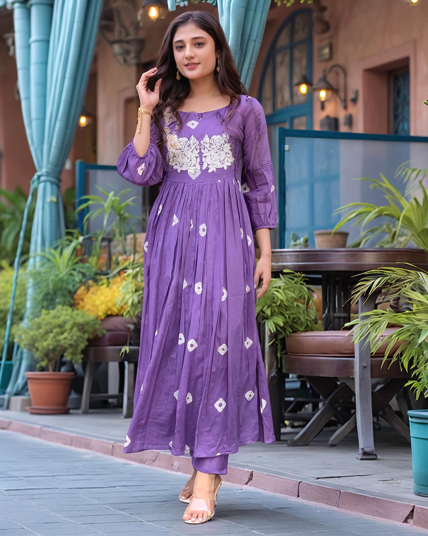 ANNI DESIGNER Women's Rayon Viscose Printed Anarkali Kurta with Pant