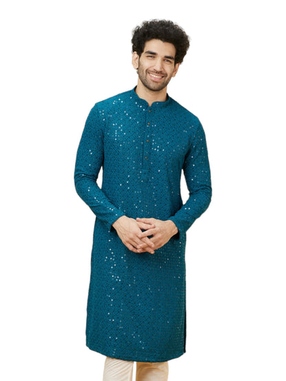 Manyavar Mens Blue Viscose Embroidered Kurta Pyjama Set