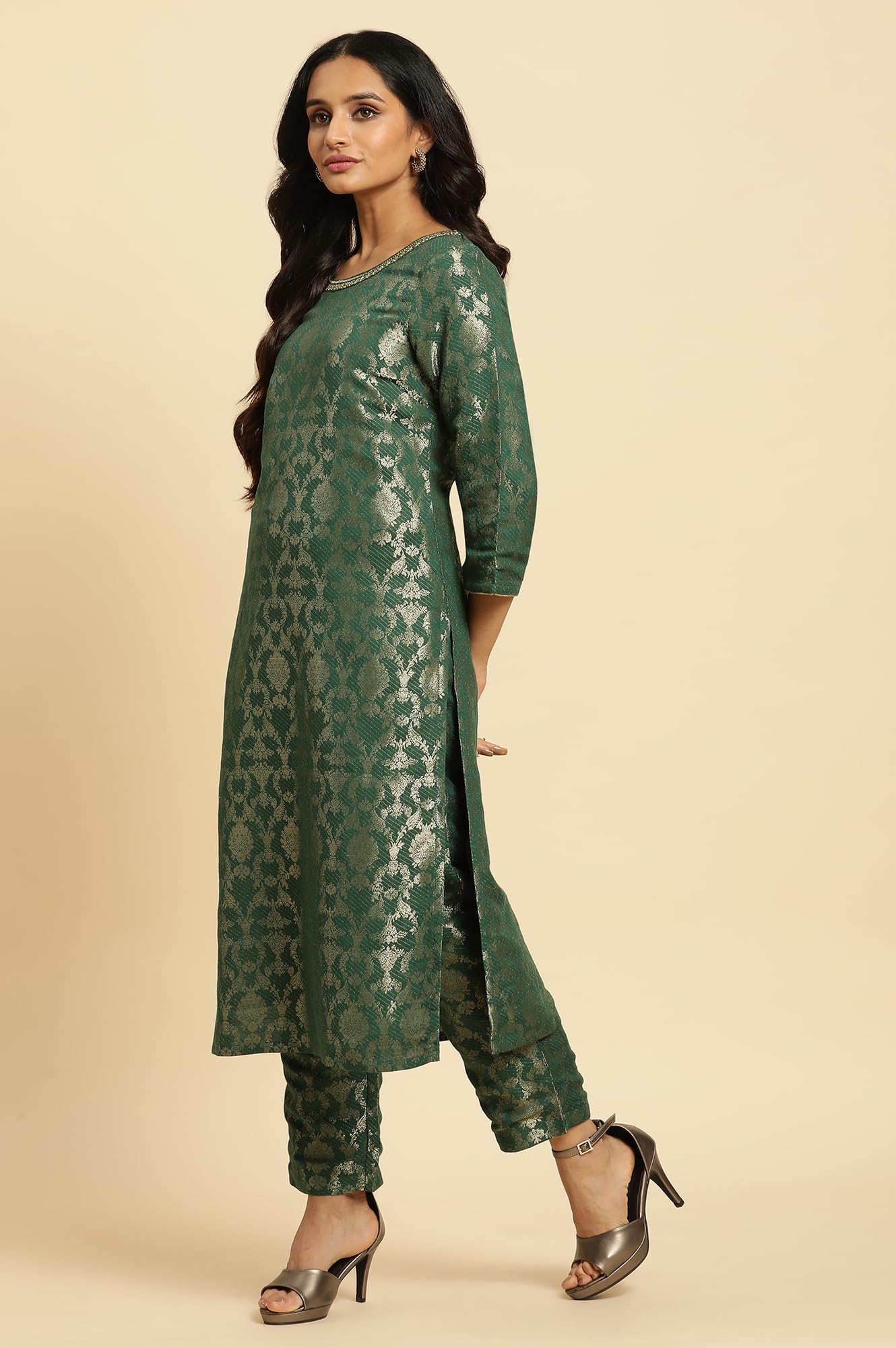 Green Rayon Jacquard Kurta And Pant Festive Set
