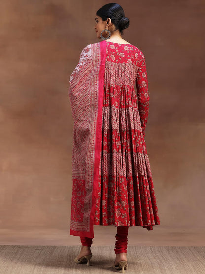 Libas Womens Printed Cotton A-Line Kurta With Churidar And Dupatta