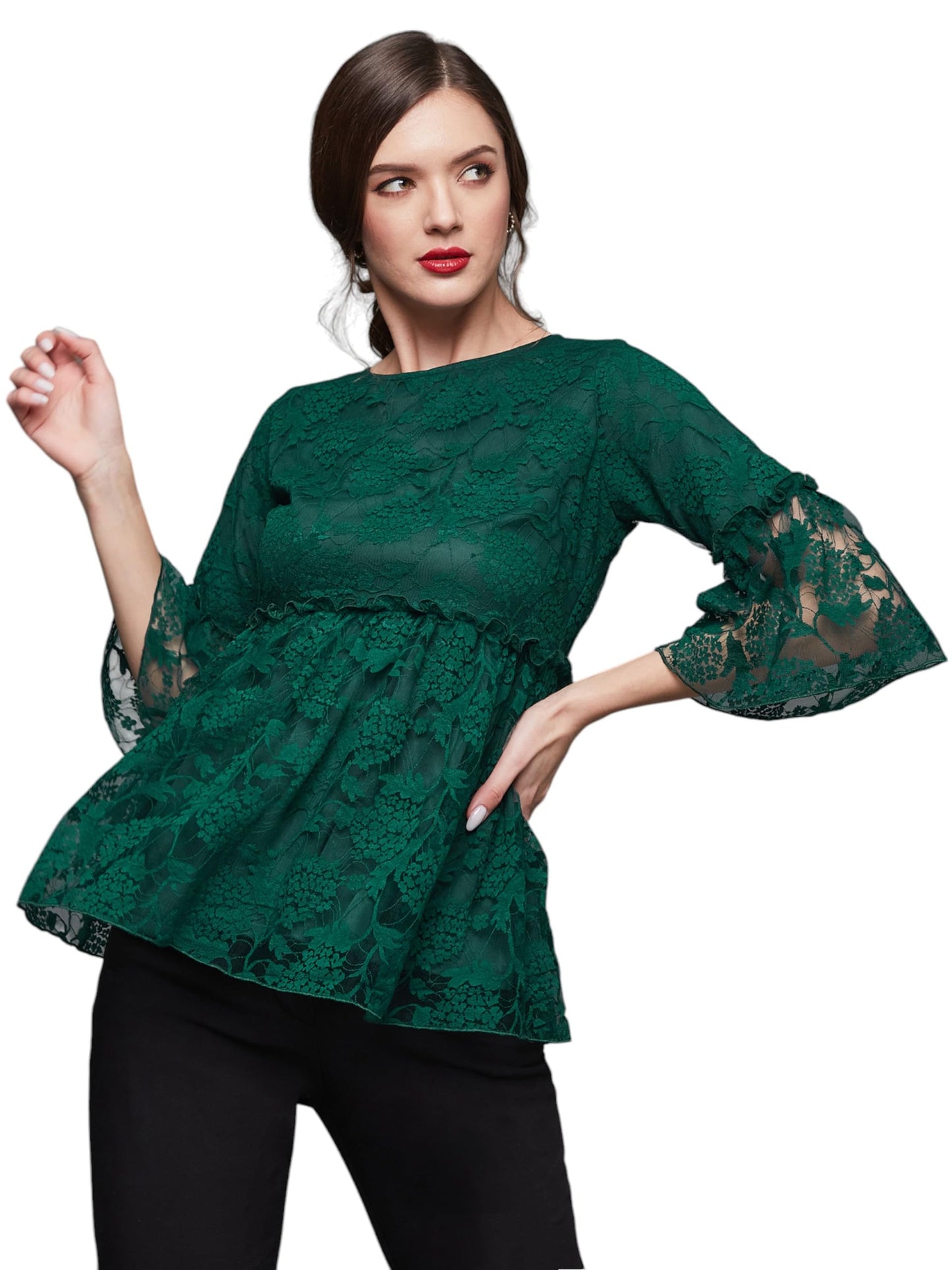 Miss Chase Womens Solid 3/4th Sleeves Ruffled Lace Top (MCSS25TP98-23-42-02, Dark Green, XS)