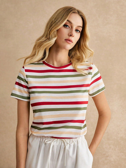 Toochki Tops for Woman | Spandex Top | T-Shirt | Tshirt | Western | for Jeans | Short Sleeve | Stretchable | Striped Printed Red