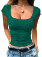 Sugathari Girls & Womens Green Eyelet Embroidery Knitted Square Neck Casual Slim Fit Women T-Shirt, Short Sleeve Schiffli Crop