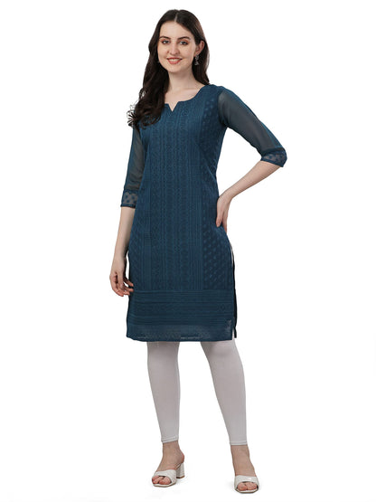 Fashion2Wear WomenS Georgette Kurti With Notch Neck 3/4Th Sleeves Knee Length Solid Pattern Chikankari Embroidery Work And Regu