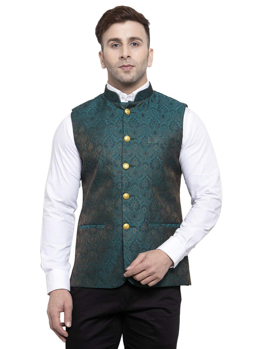 WINTAGE Mens Banarsi Rayon Cotton Bandhgala Festive Nehru Modi Jacket Waistcoat : Green, X-Small