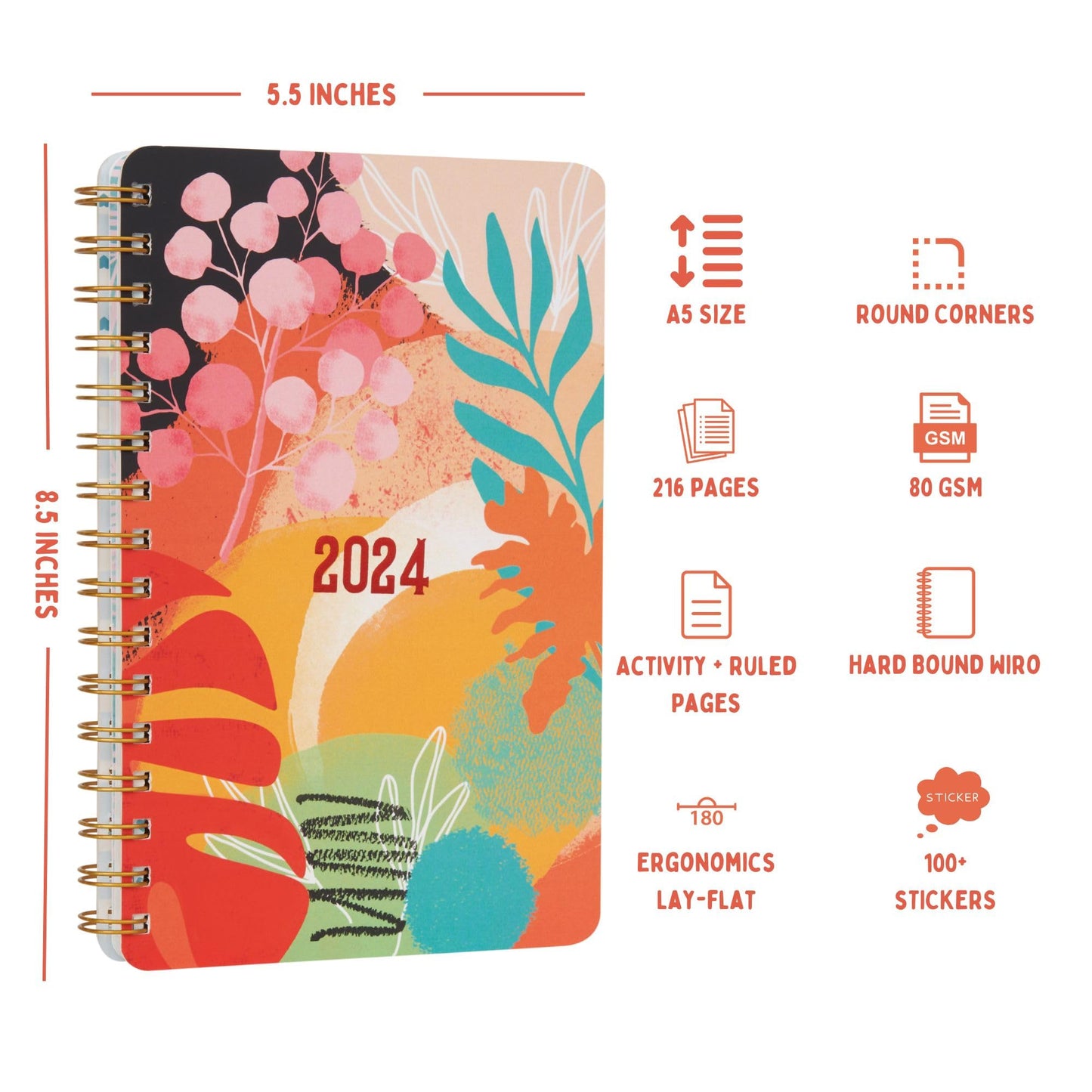 Doodle | The Happiness 2024 Wiro Bound Planner with 100+ Stickers | A5 | Hard Bound | Undated | Yearly, Monthly, Daily Planner D