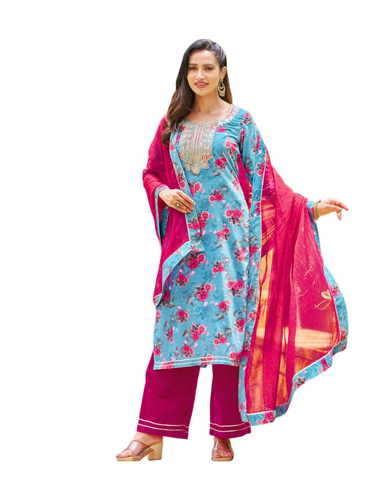 Sanisa Women's Velvet Digital Printed Straight Kurta with Pant and Lace Work Dupatta