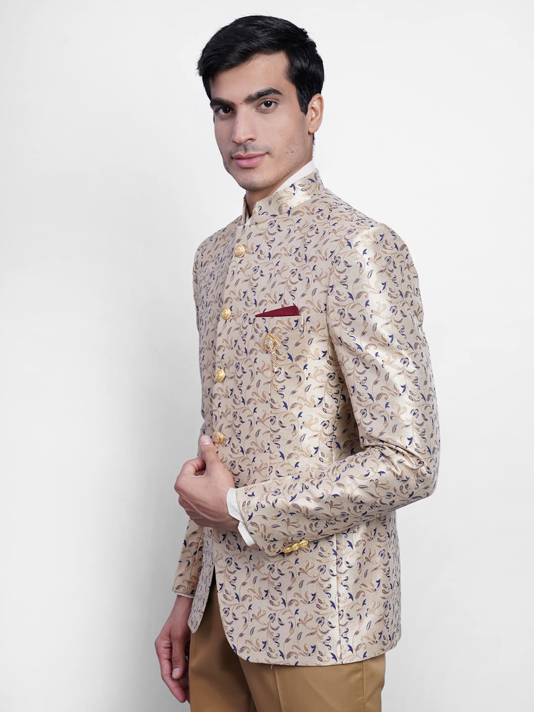 WINTAGE Mens Banarasi Rayon Cotton Festive and Casual Bandhgala Jodhpuri Blazer : Grey