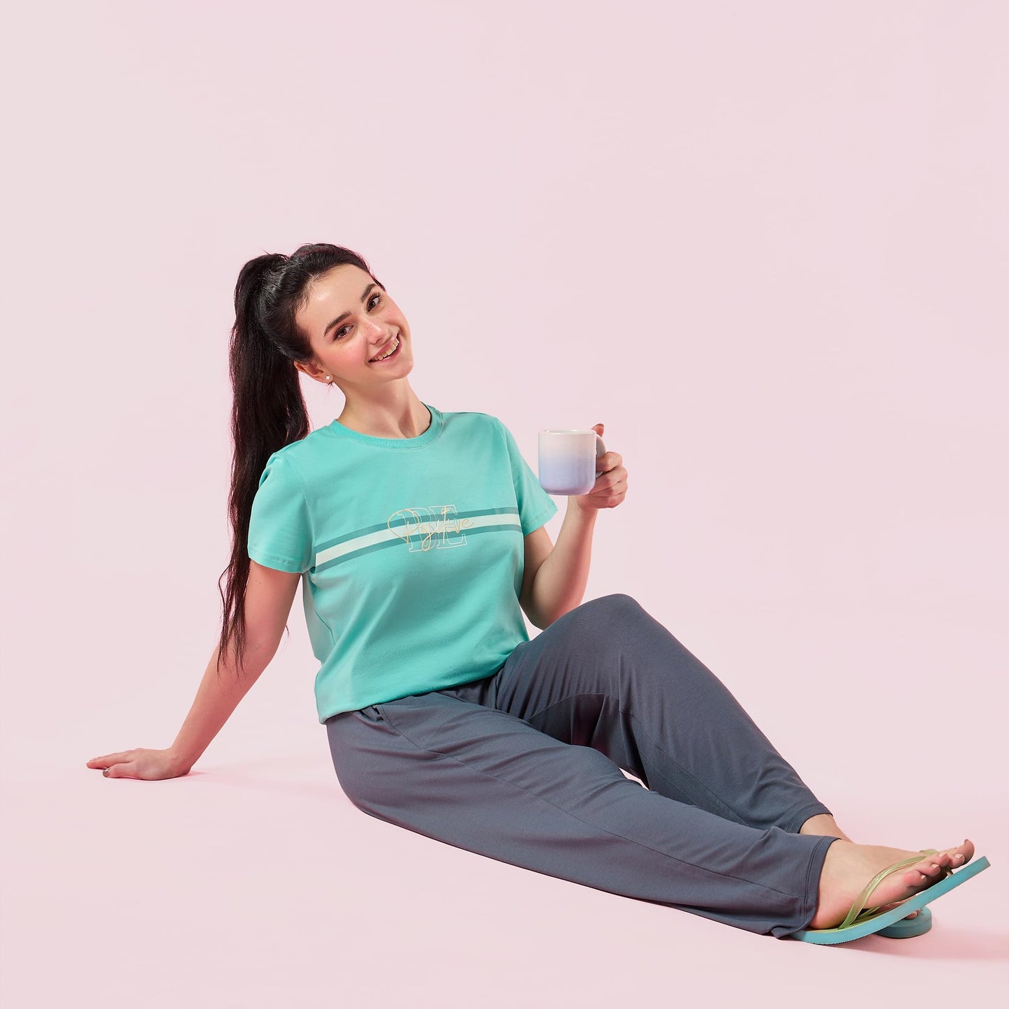 Enamor Womens Striped Relaxed Fit T-Shirt (E3S5_Pool Sea Blue Strips