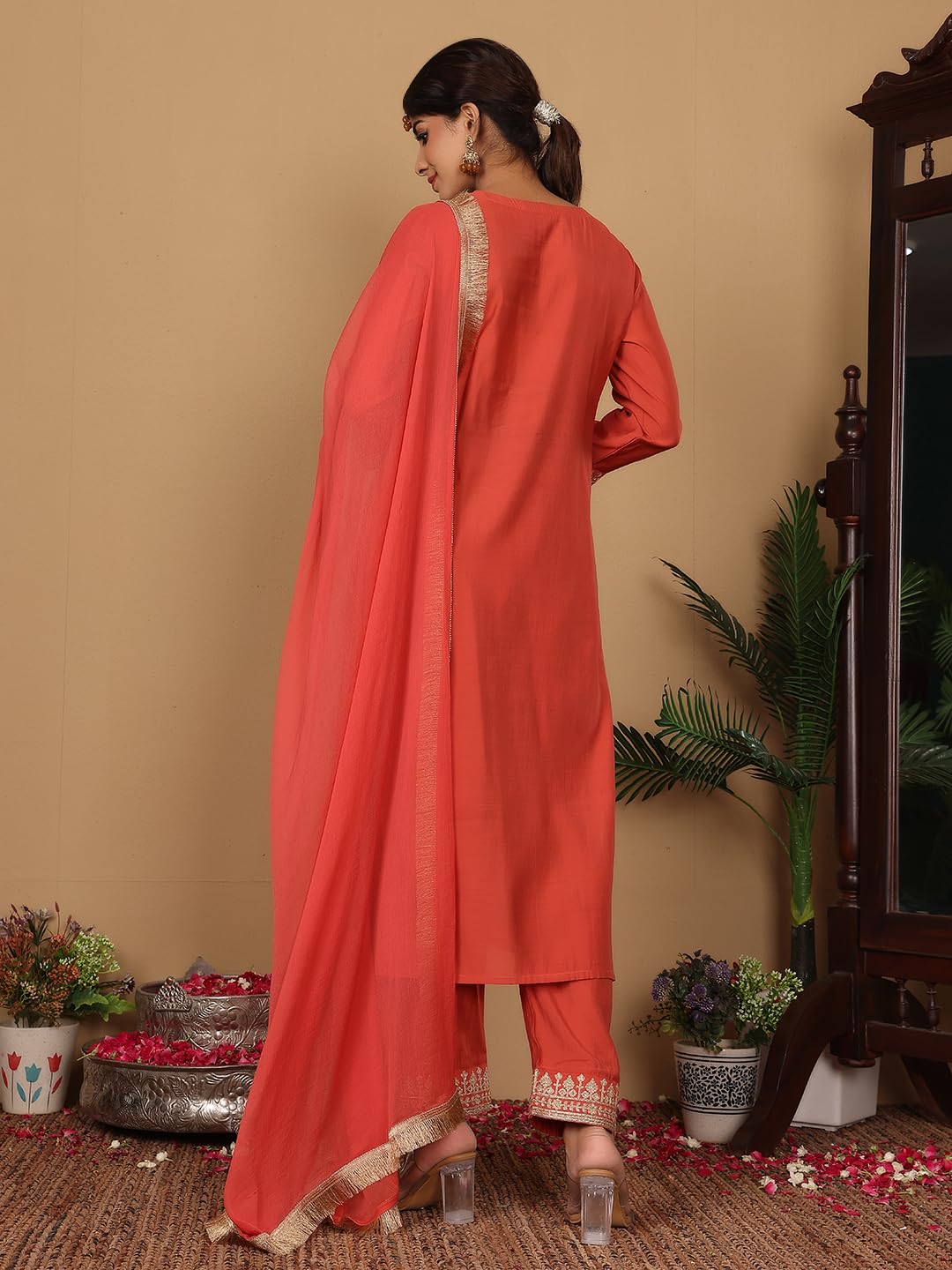 Varanga Women Silk Red Zari Embroidered Kurta with Bottom and Dupatta